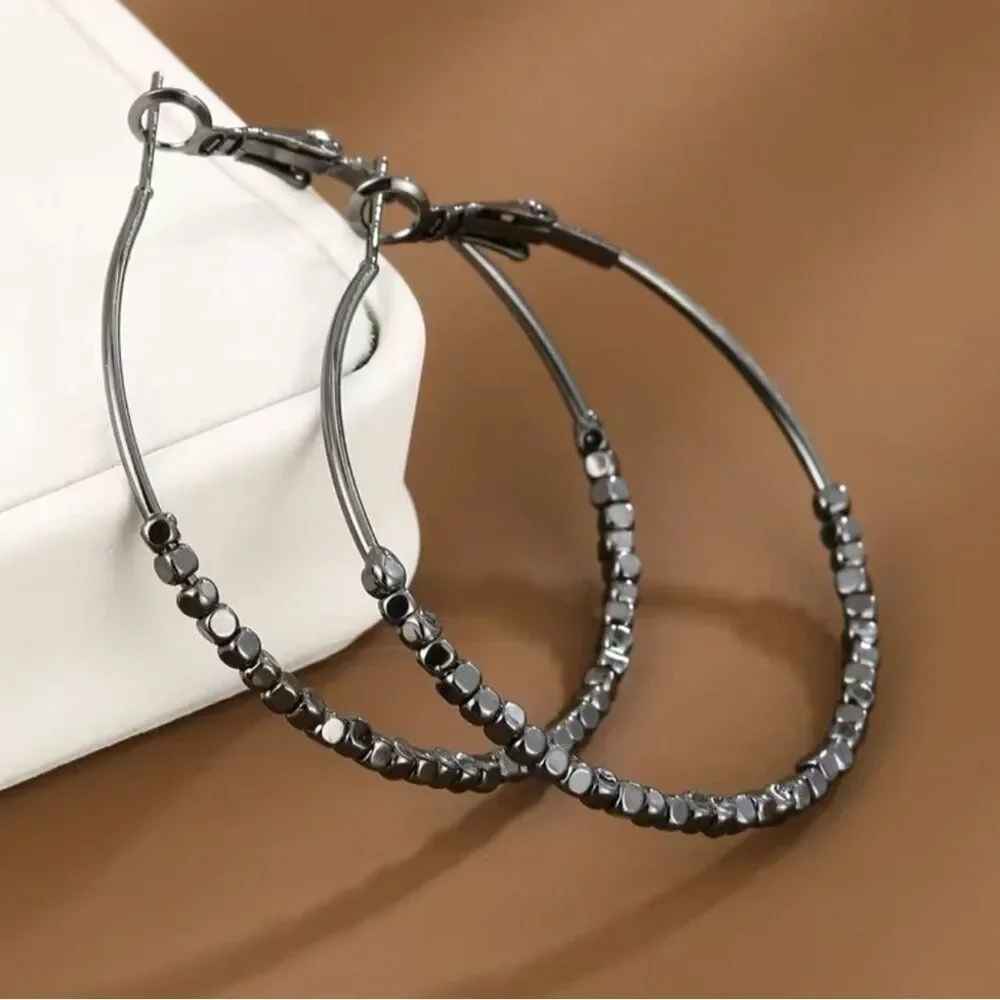 Gunmetal Beads Hoop Earrings NWT